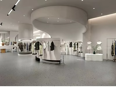 Modern Clothing Store Interior Design With White Curved Structures Clothing Racks And Hanging Apparel 3d model