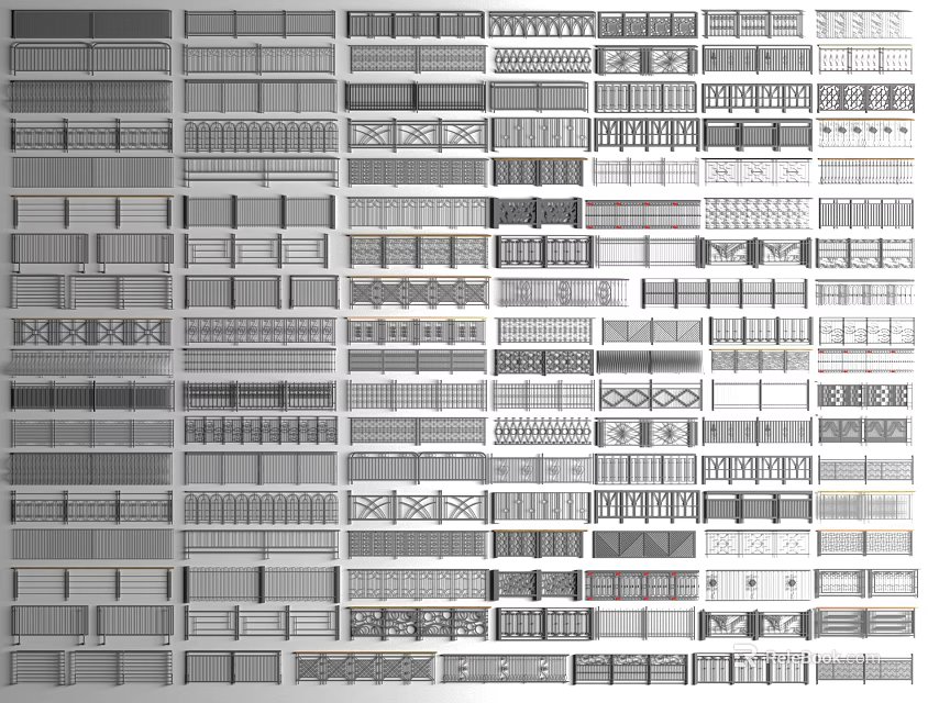Collection of Various Fence Designs Featuring Decorative Patterns and Styles 3d model 