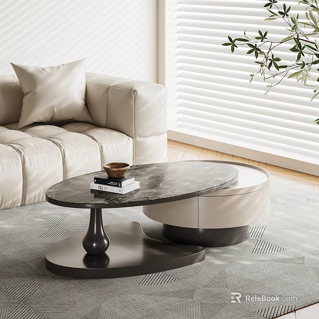 Modern Marble Coffee Table With Books Cup Padded Stool And Beige Sofa In Living Room 3d model 