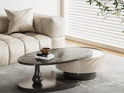 Modern Marble Coffee Table With Books Cup Padded Stool And Beige Sofa In Living Room 3d model