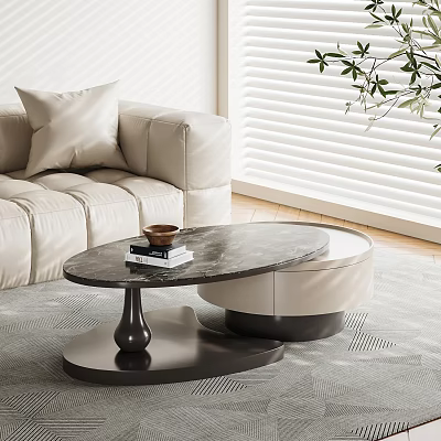 Modern Marble Coffee Table With Books Cup Padded Stool And Beige Sofa In Living Room 3d model