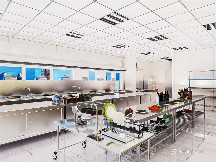 Modern Commercial Kitchen Interior With Stainless Steel Worktables Cooking Utensils And Storage Cabinets 3d model 
