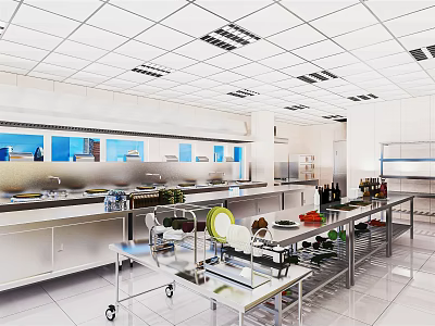 Modern Commercial Kitchen Interior With Stainless Steel Worktables Cooking Utensils And Storage Cabinets 3d model