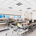 Modern Commercial Kitchen Interior With Stainless Steel Worktables Cooking Utensils And Storage Cabinets