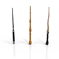Magical Wizard Weapons Three Different Wands With Carved Handles And Decorative Designs