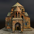 Ancient Stone Church Architecture With Dome Spire Arched Doors Cross And Stone Paved Base