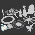 Vintage Decorative Ornament Set With Animal Statues Geometric Shapes And Carved Designs