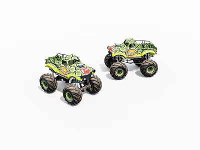 Two Green Monster Truck Toys With Big Wheels And Colorful Patterns 3d model