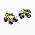 Two Green Monster Truck Toys With Big Wheels And Colorful Patterns