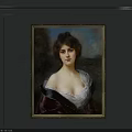 Woman Portrait Painting in White and Dark Attire with Natural Landscape and Gold Frame