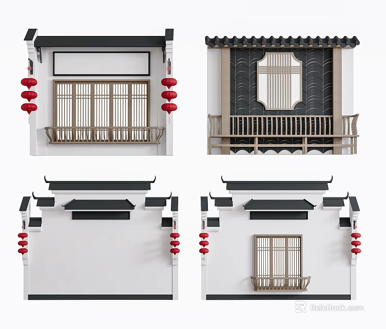 Traditional Chinese Architectural Components Featuring Wooden Lattice Windows Red Lanterns And Tile Roofs 3d model 