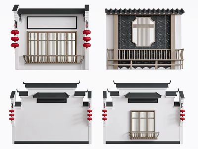 Traditional Chinese Architectural Components Featuring Wooden Lattice Windows Red Lanterns And Tile Roofs 3d model