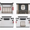 Traditional Chinese Architectural Components Featuring Wooden Lattice Windows Red Lanterns And Tile Roofs
