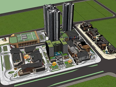 Modern High Rise Office Building With Surrounding Commercial Complex Green Space And Roads 3d model