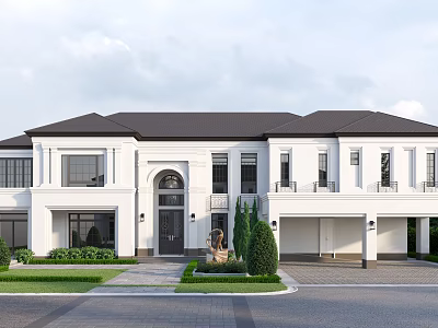 Detached Villa With White Exterior Dark Roof Symmetrical Design Front Lawn Driveway And Landscaped Garden 3d model