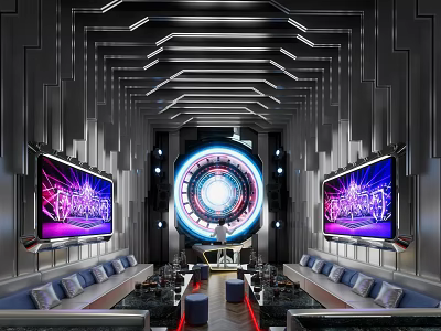Futuristic Modern Bar Interior With Neon Lights Large Screens Circular Centerpiece And Lounge Seats 3d model