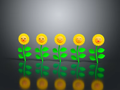 Sunflower Decorative Ornament Set With Smiling Faces Yellow Petals Green Stems Leaves And Reflections 3d model
