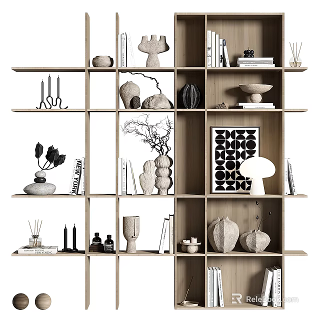 Modern Wooden Shelving Unit For Home Living Room With Decorative Books Plants And Sculptures 3d model 