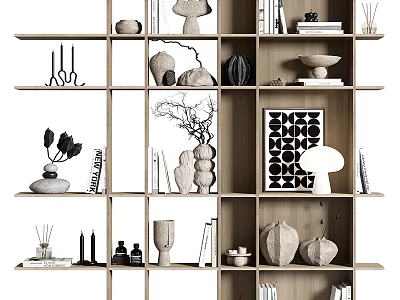 Modern Wooden Shelving Unit For Home Living Room With Decorative Books Plants And Sculptures 3d model