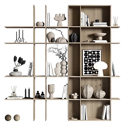 Modern Wooden Shelving Unit For Home Living Room With Decorative Books Plants And Sculptures 3d model