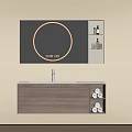 Modern Minimalist Wooden Vanity with Round Gold Frame Mirror and Wall Mounted Cabinet