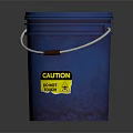 Industrial Blue Plastic Bucket With Secure Blue Lid White Handle And Yellow Caution Label