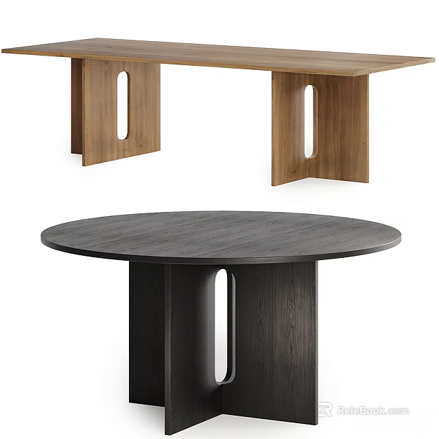 Modern Dining Table Set With Rectangular and Round Wooden Tables With Legs Featuring Holes 3d model 