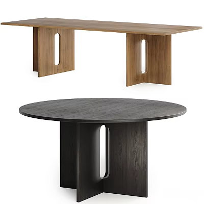 Modern Dining Table Set With Rectangular and Round Wooden Tables With Legs Featuring Holes 3d model