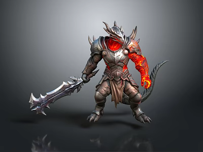 Spiked Armored Fantasy Man With Glowing Red Body And Large Battle Weapon 3d model