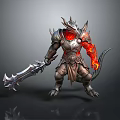 Spiked Armored Fantasy Man With Glowing Red Body And Large Battle Weapon