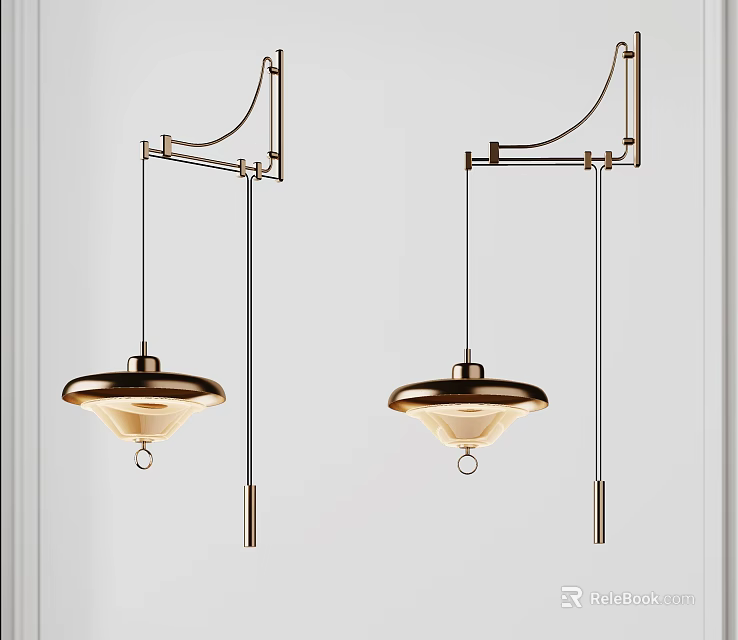 Two Modern Suspended Pendant Lights With Curved Metal Arms And Round Lampshades 3d model 