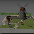 Detailed Model Scene Featuring Traditional Windmill Thatched Roof House Small Pond And Stone Path