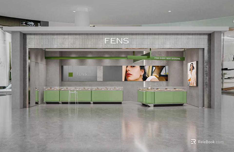 FENS Modern Jewelry Store Interior With Green Counters Display Areas And Wall Posters 3d model 