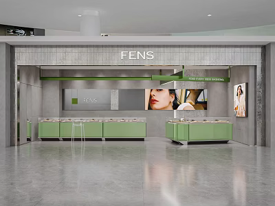FENS Modern Jewelry Store Interior With Green Counters Display Areas And Wall Posters 3d model
