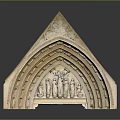 Decorative Wooden Carving Piece With Triangular Gothic Style Floral Patterns And Figural Reliefs