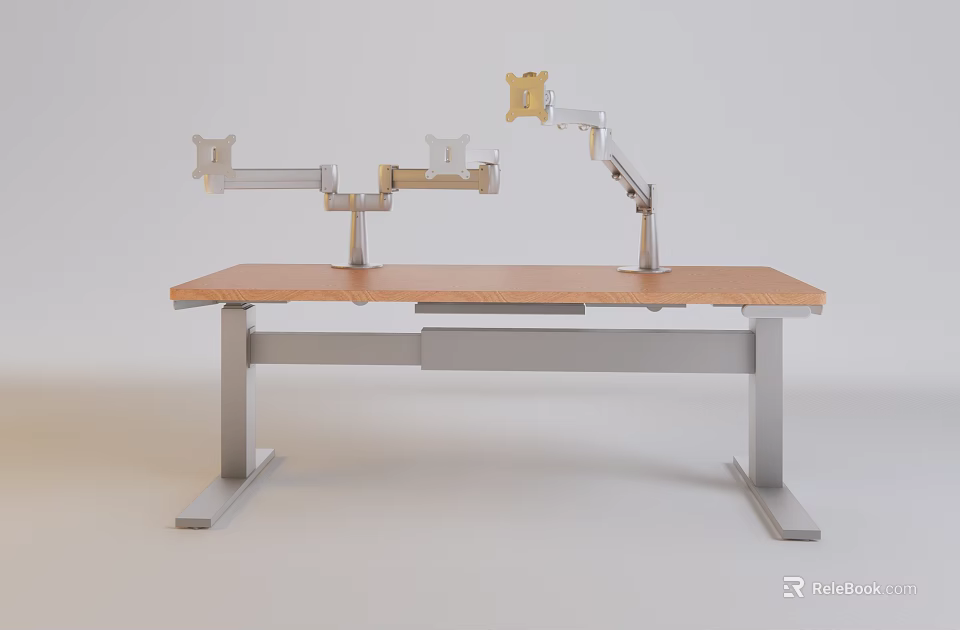 Sturdy Iron Craft Table with Wooden Tabletop and Adjustable Metal Monitor Arms 3d model 