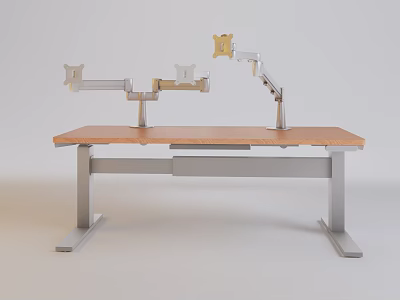 Sturdy Iron Craft Table with Wooden Tabletop and Adjustable Metal Monitor Arms 3d model