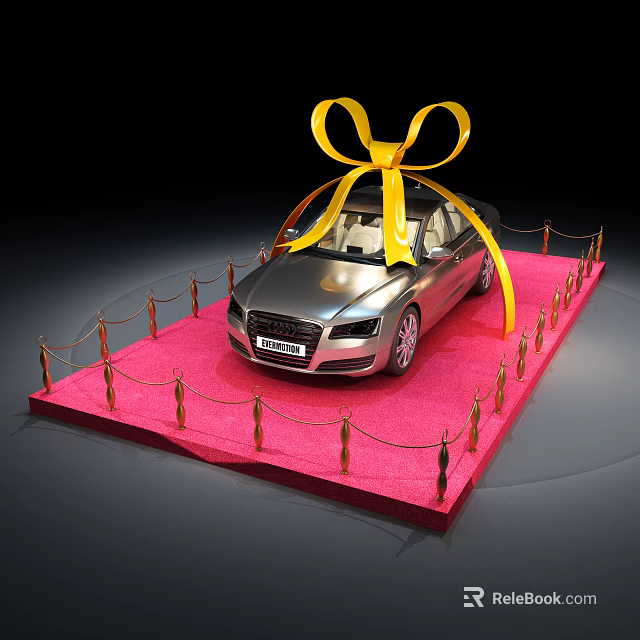 Silver Convertible Car on Pink Carpet with Yellow Bow and Golden Rope Barriers 3d model 