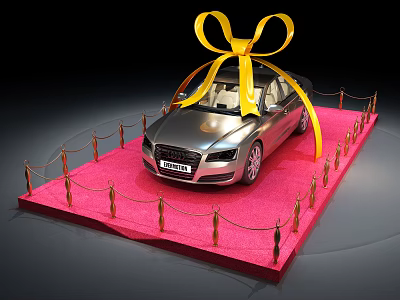 Silver Convertible Car on Pink Carpet with Yellow Bow and Golden Rope Barriers 3d model
