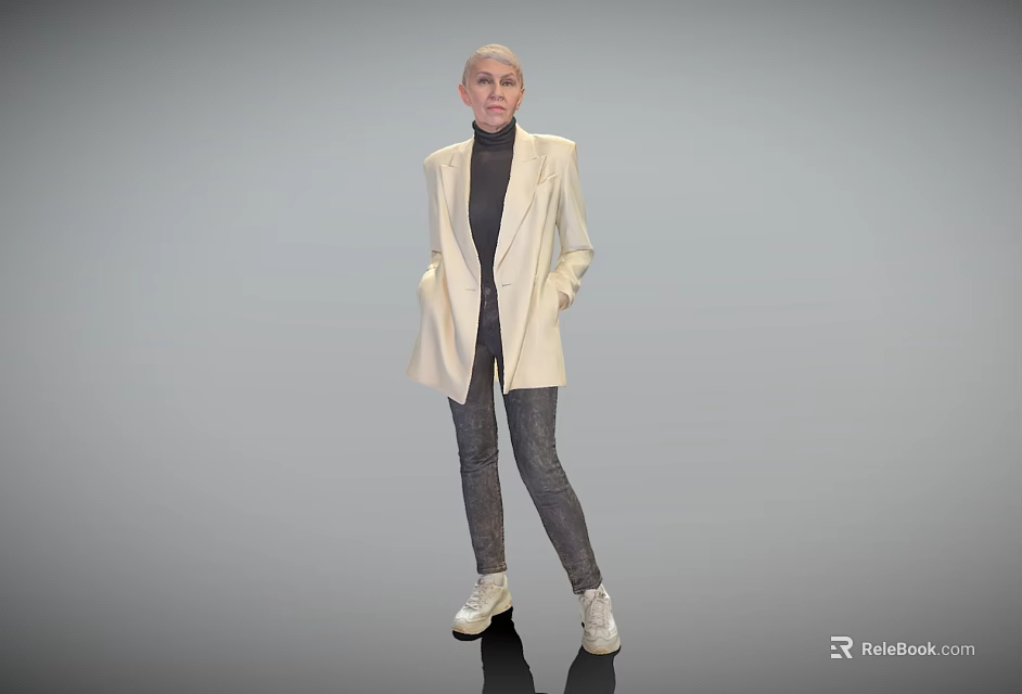 Bald Woman Wearing Beige Blazer Black Turtleneck Gray Pants White Shoes Standing Against Gray Background 3d model 