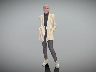 Bald Woman Wearing Beige Blazer Black Turtleneck Gray Pants White Shoes Standing Against Gray Background 3d model