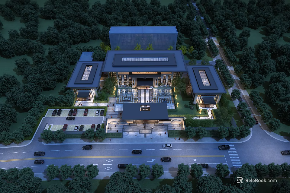 Aerial View Planning of Modern Architectural Complex With Central Building Side Wings Parking And Greenery 3d model 