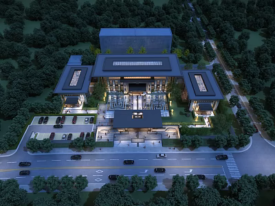 Aerial View Planning of Modern Architectural Complex With Central Building Side Wings Parking And Greenery 3d model