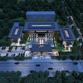 Aerial View Planning of Modern Architectural Complex With Central Building Side Wings Parking And Greenery