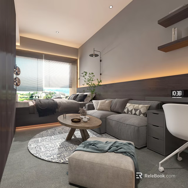 Cozy Modern Apartment Interior With Gray Sofa Round Coffee Table And Warm Lighting 3d model 
