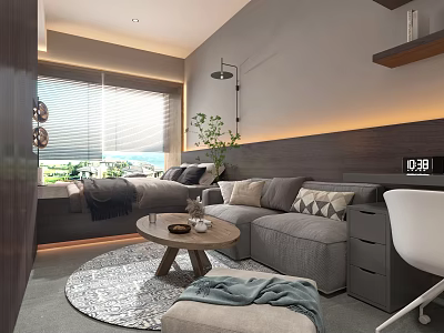 Cozy Modern Apartment Interior With Gray Sofa Round Coffee Table And Warm Lighting 3d model