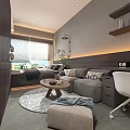 Cozy Modern Apartment Interior With Gray Sofa Round Coffee Table And Warm Lighting