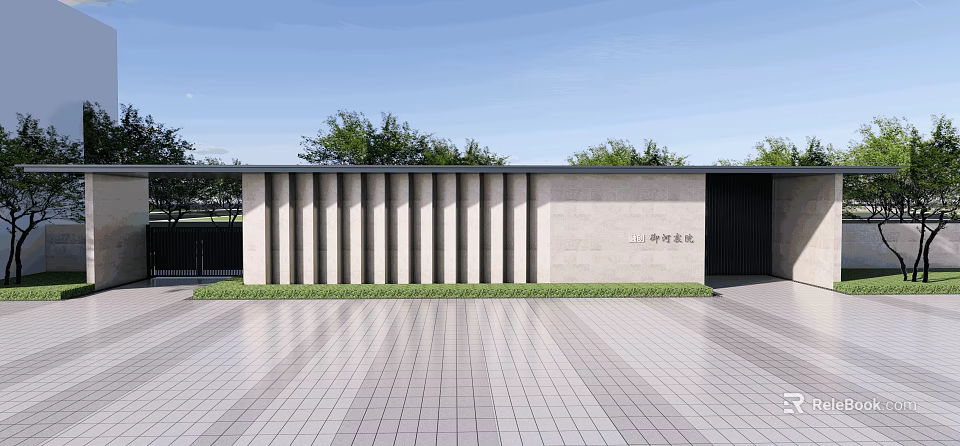 Modern Building Entrance With Vertical Striped Wall Lawn And Tile Floor 3d model 