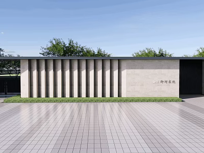 Modern Building Entrance With Vertical Striped Wall Lawn And Tile Floor 3d model