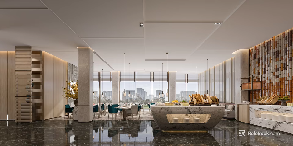 Elegant Modern Restaurant Interior With City View Large Windows Marble Bar And Green Chairs 3d model 